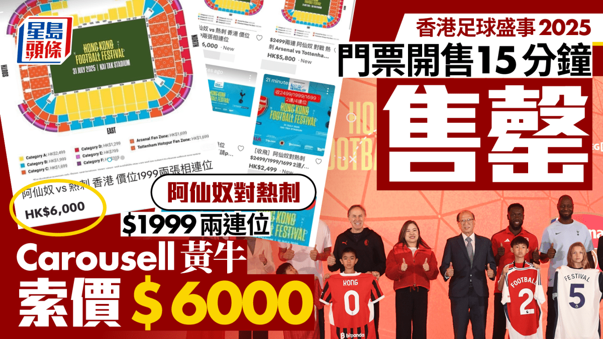 利物浦/阿仙奴/AC米蘭啟德門票開賣15分鐘即售罄黃牛網上湧現叫價$6000兩張飛