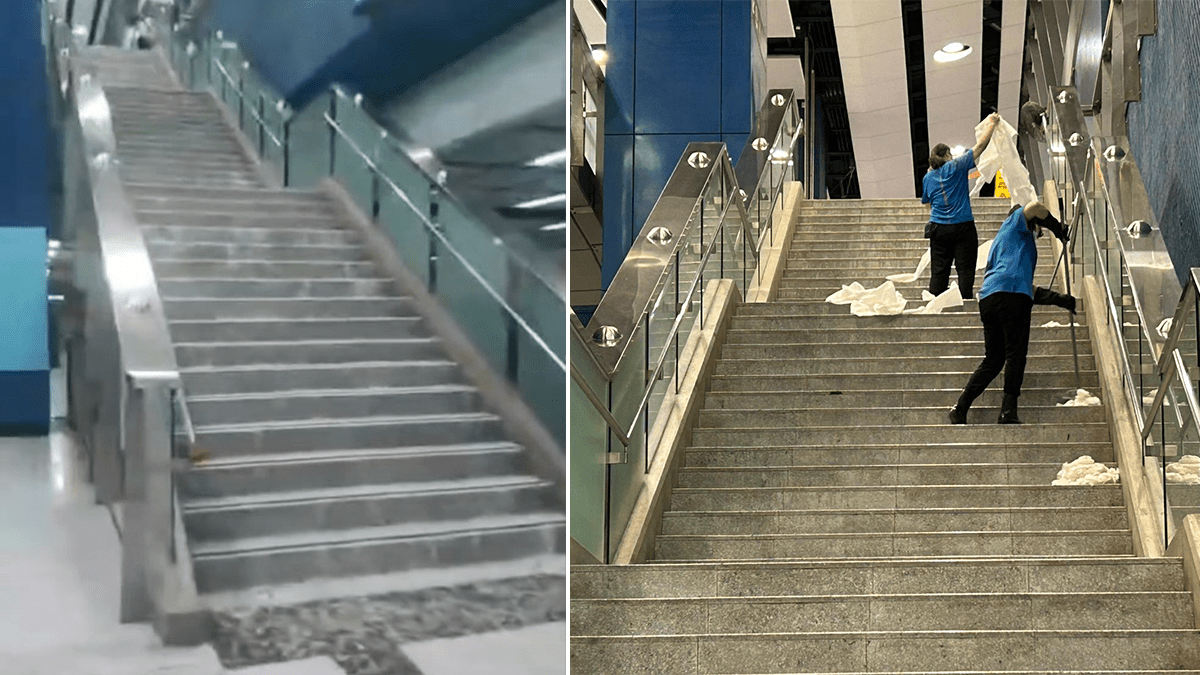 黑雨｜沙田迎大暴雨 港鐵大圍站梯間變瀑布 職員忙於掃水清理