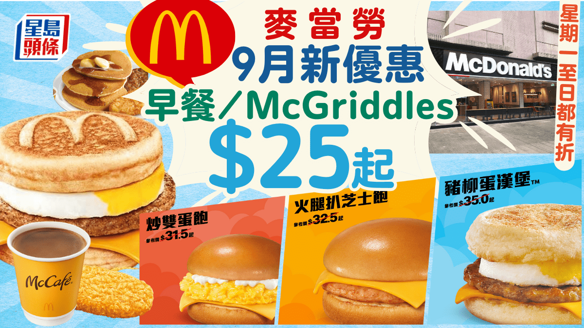 麥當勞9月新優惠！豬柳蛋/McGriddles/熱香餅$25起配McCafé咖啡星期一至日適用
