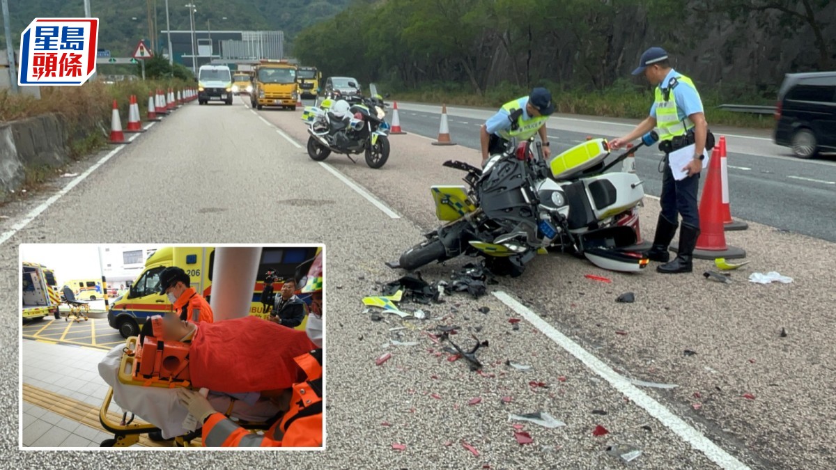 有片│青朗公路平治警察電單車相撞 警員倒地共3人受傷送院 有片│青朗公路平治警察電單車相撞 警員倒地共3人受傷送院